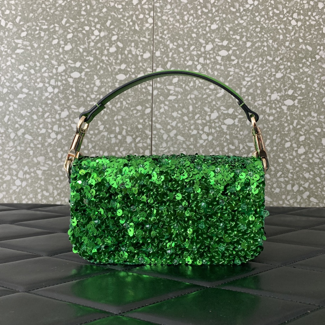 Valentino Garavani Loco Small Embroidered Shoulder Bag with Green Beaded Fringes